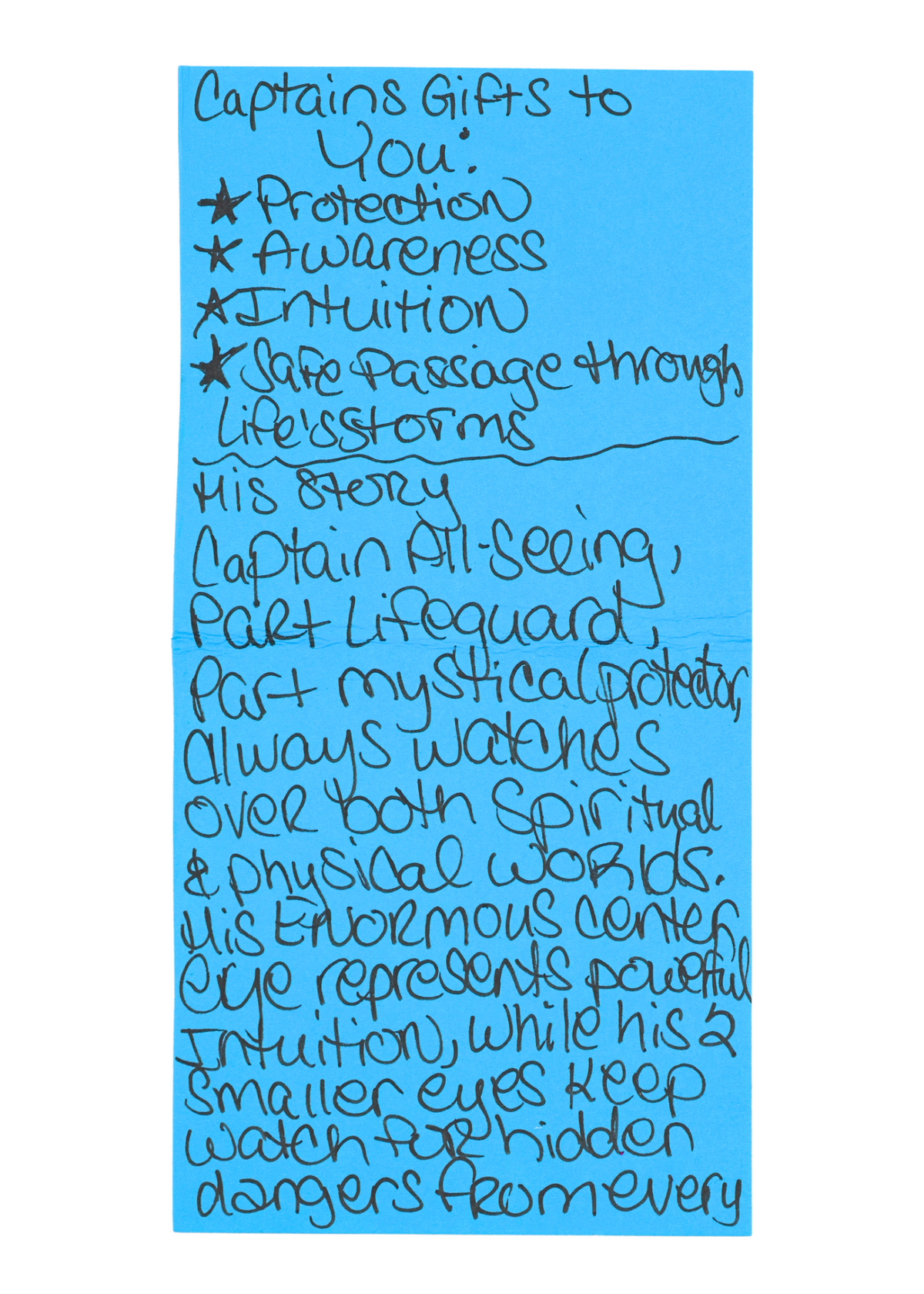 Artist story for Captain All-Seeing with gifts of protection, awareness, intuition and safe passage