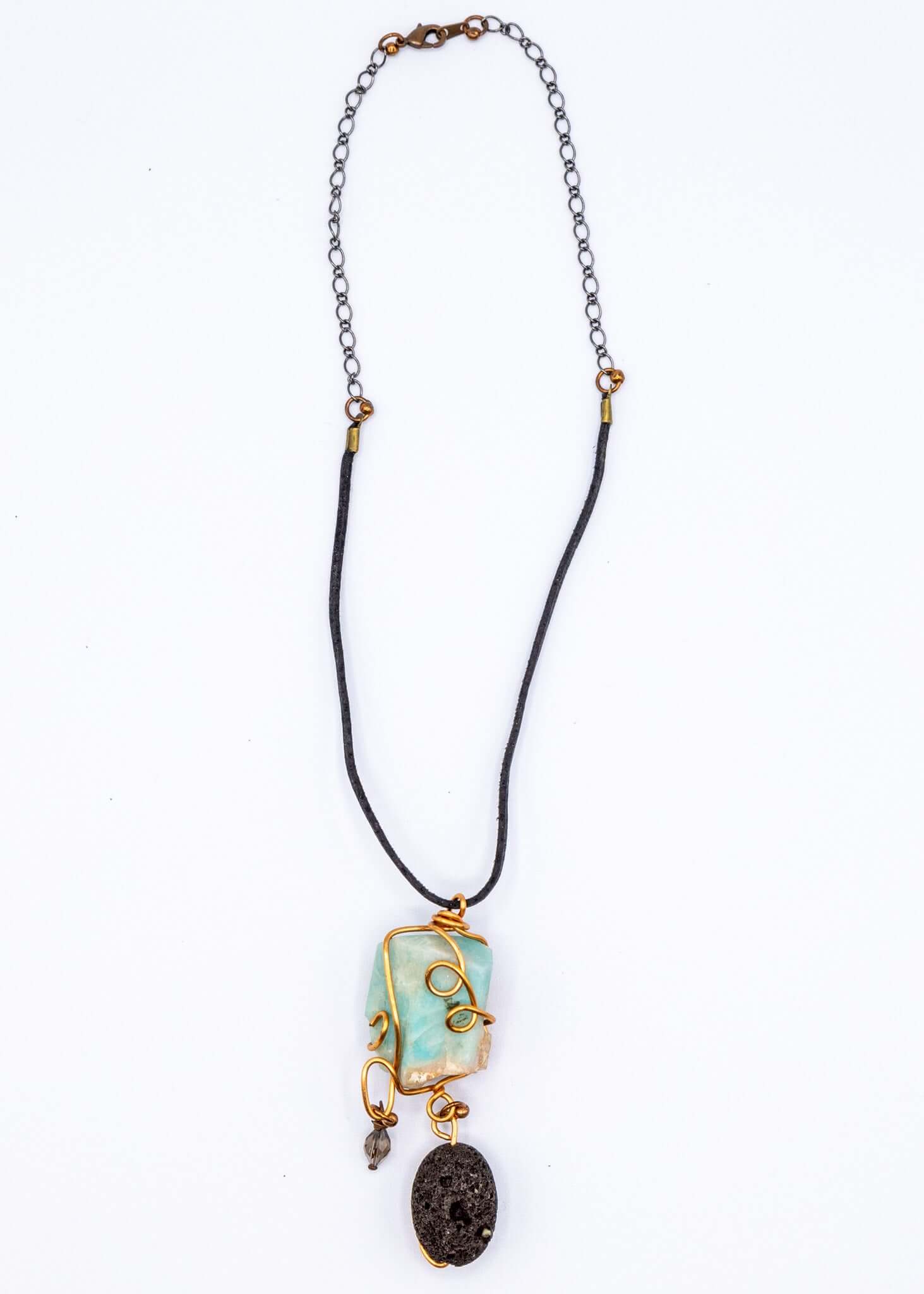 Amazonite, Lava Stone, & Smokey Quartz Crystal Necklace