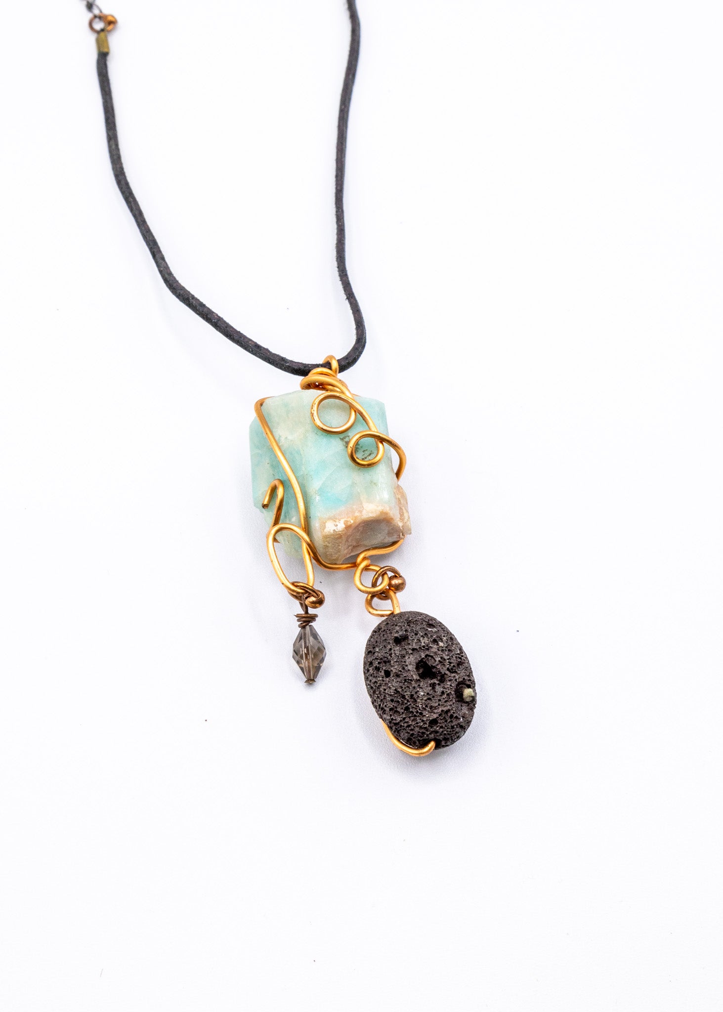 Amazonite, Lava Stone, & Smokey Quartz Crystal Necklace