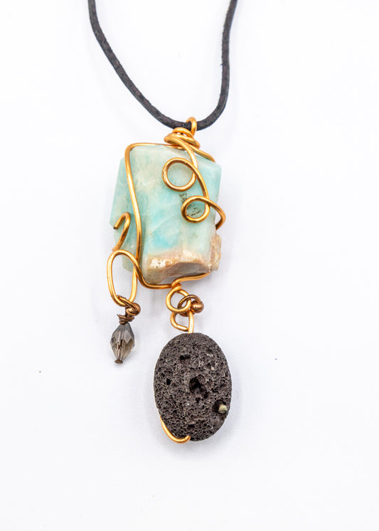 Amazonite, Lava Stone, & Smokey Quartz Crystal Necklace