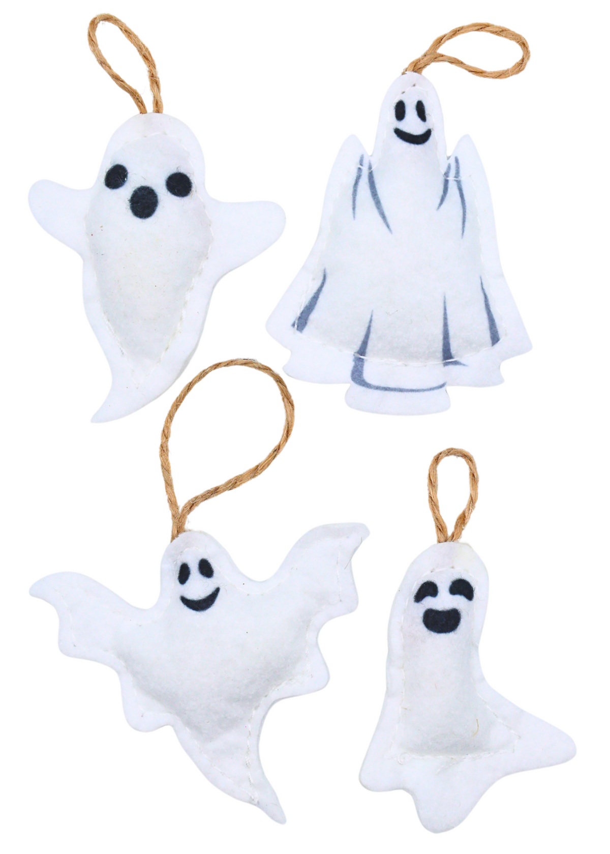 Four assorted white stuffed felt ghost holiday ornaments with twine hanging loops; sold individually in a random style