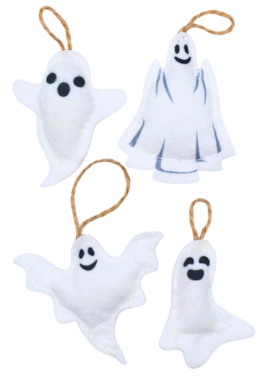 Four assorted white stuffed felt ghost holiday ornaments with twine hanging loops; sold individually in a random style