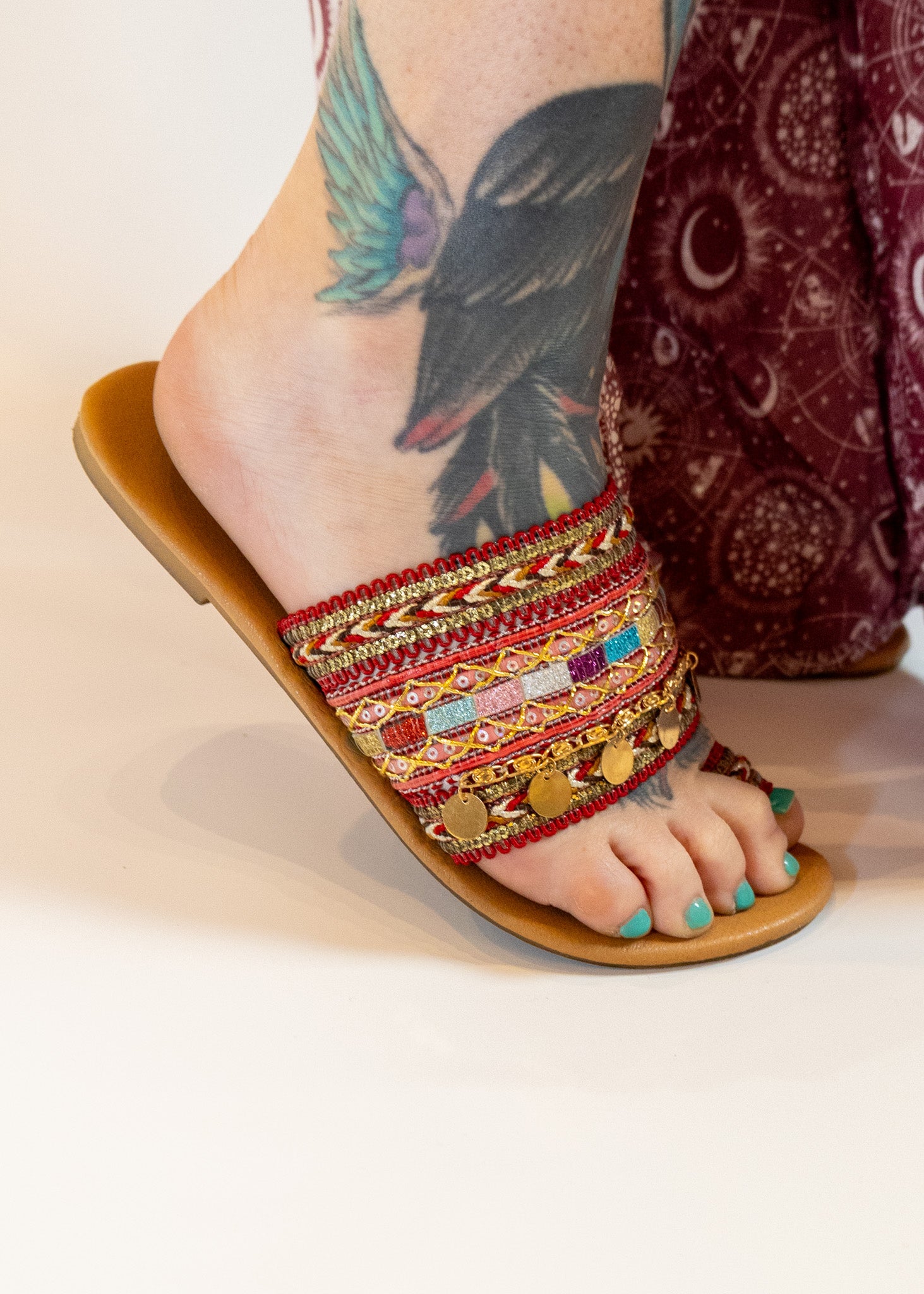 Flat Boho Sandals With Red Embroidery Details
