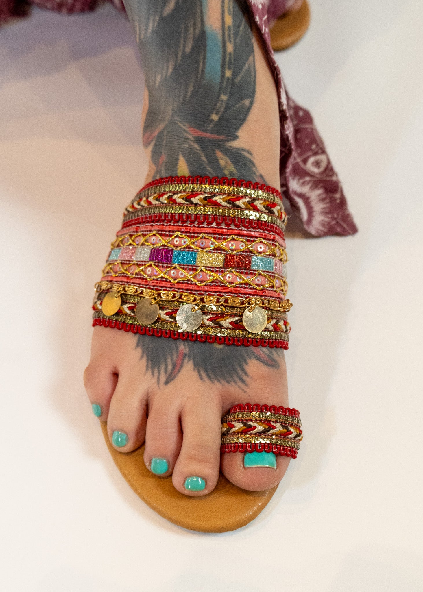 Flat Boho Sandals With Red Embroidery Details