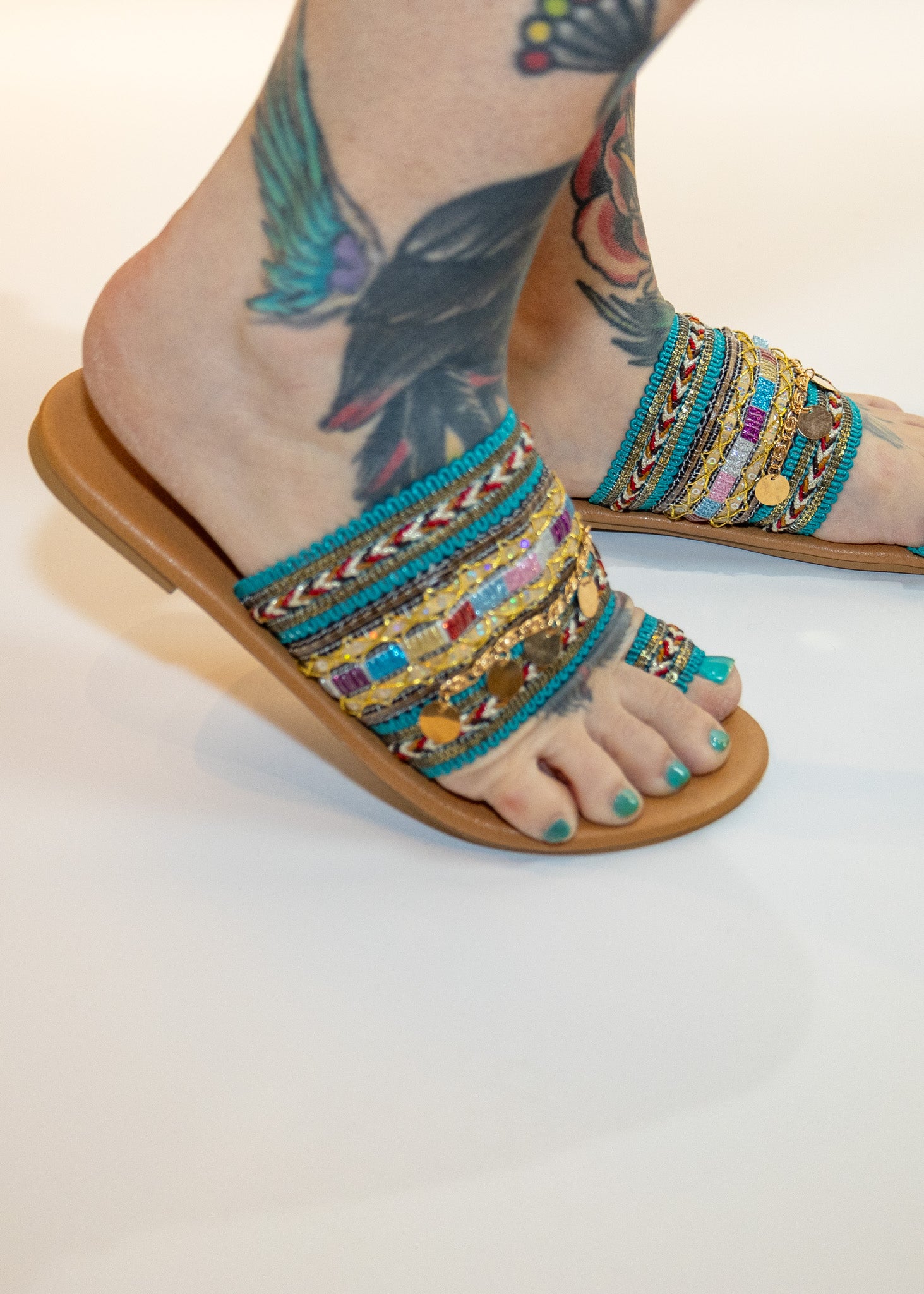 Flat Boho Sandals With Turquoise Embroidery Details