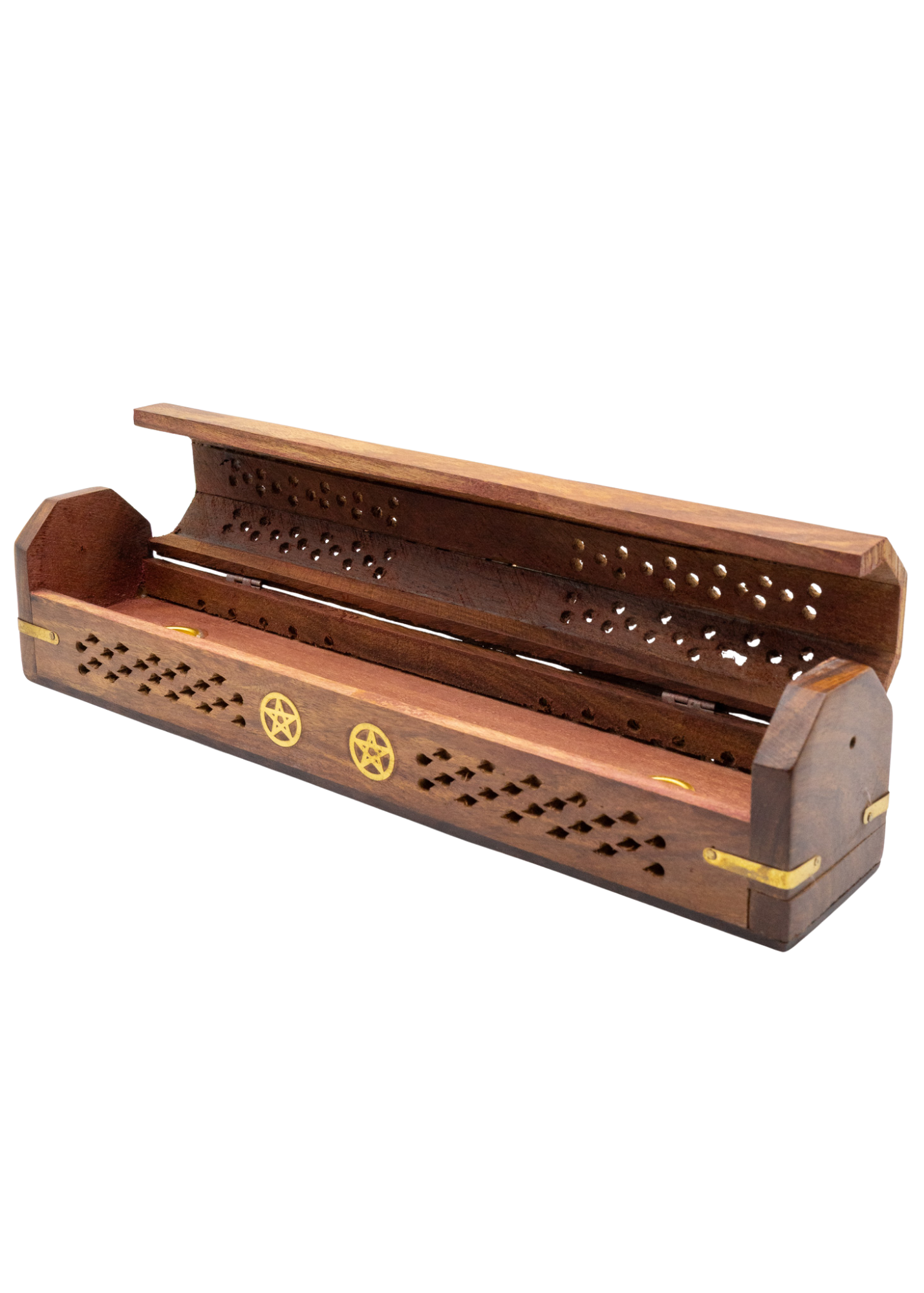 Pentacle Brass Inlay Coffin Incense Burner open