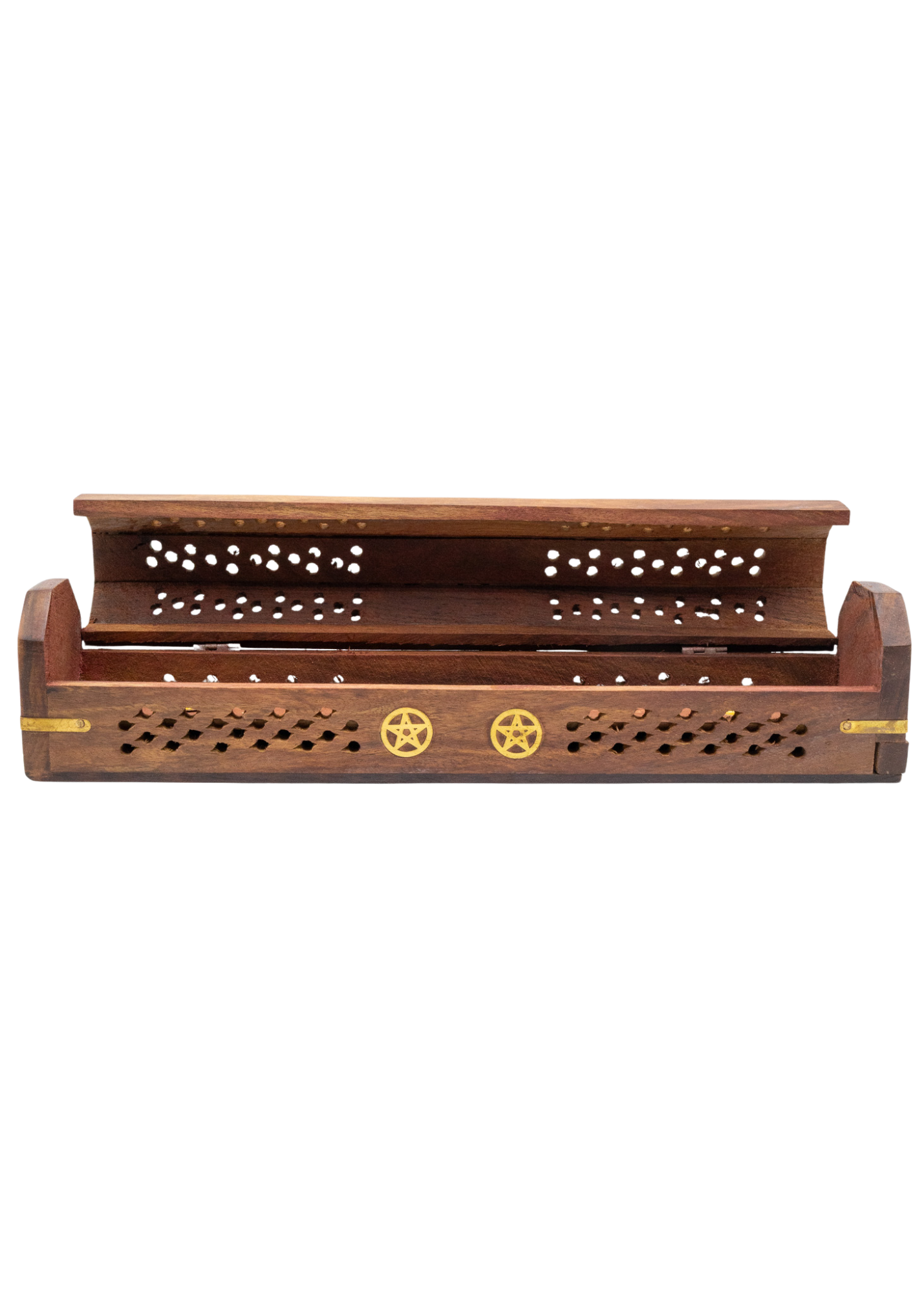 Pentacle Brass Inlay Coffin Incense Burner front open