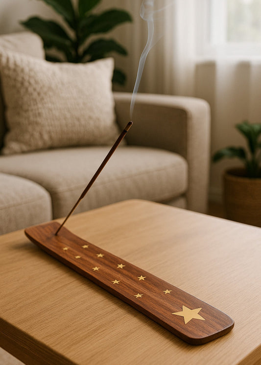 Stars Brass Inlay Wood Incense Burner