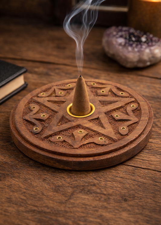 Carved Wood Pentacle Cone & Sitcks Incense Burner lifestyle shot