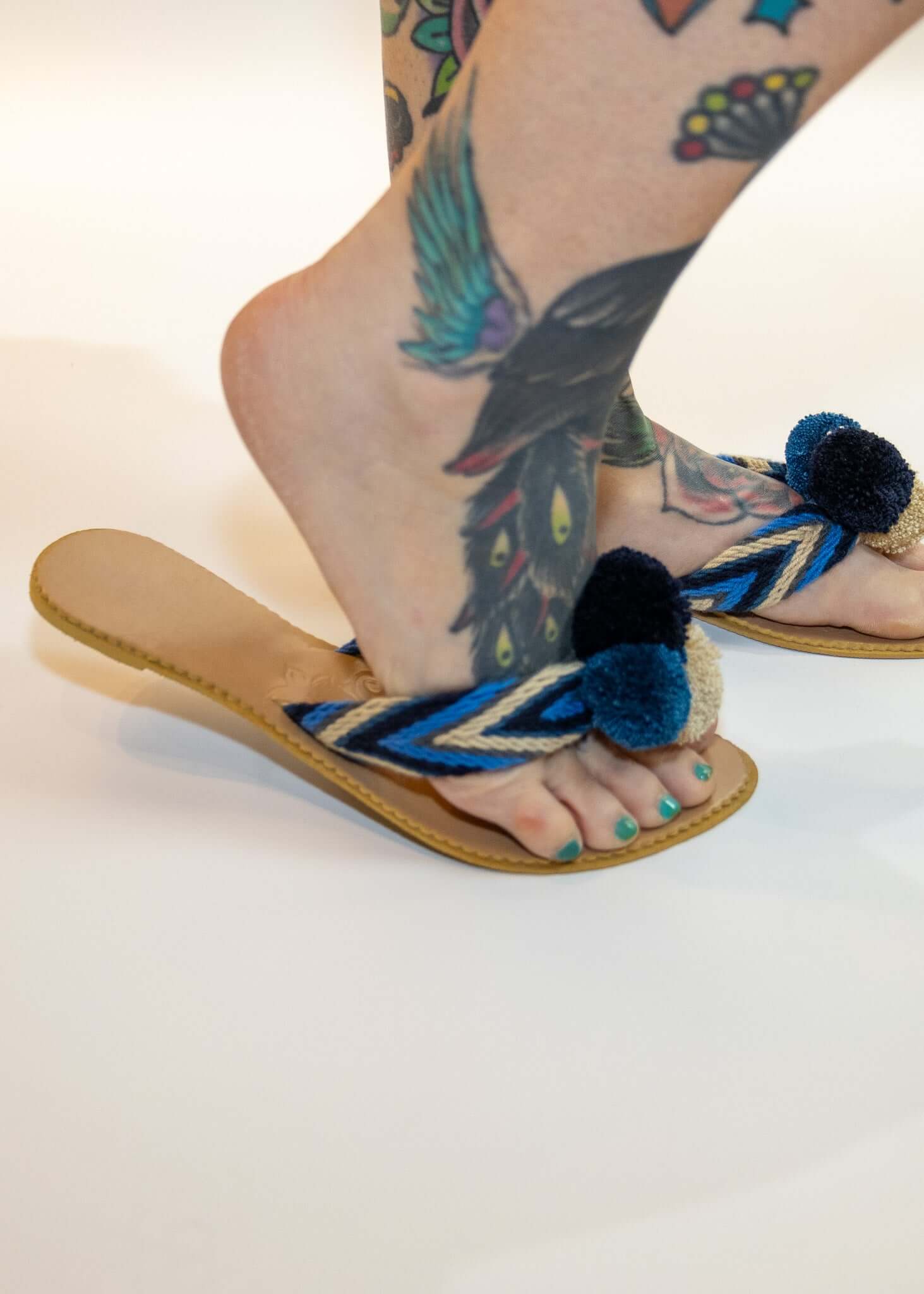 Crocheted Blue Flat Pom Flip Flop Sandals