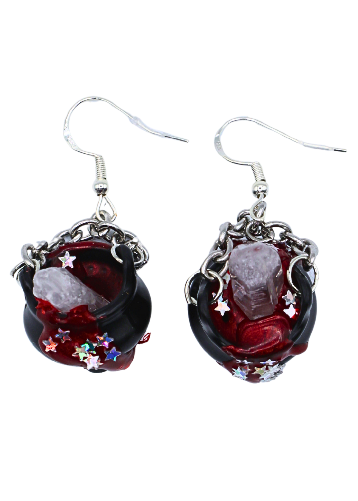 Crystal cauldron earrings with quartz crystals, sterling silver ear wires and stainless steel chain