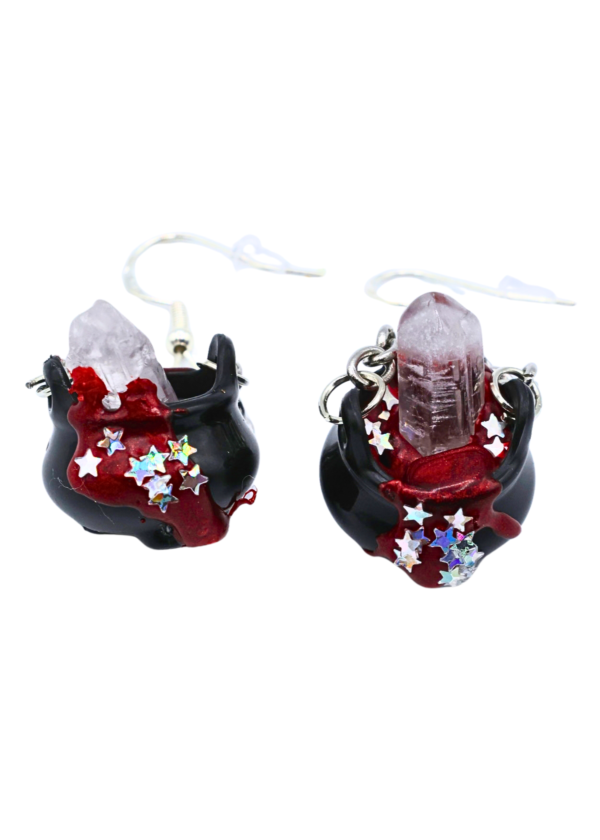 Handmade crystal cauldron earrings with real quartz crystals