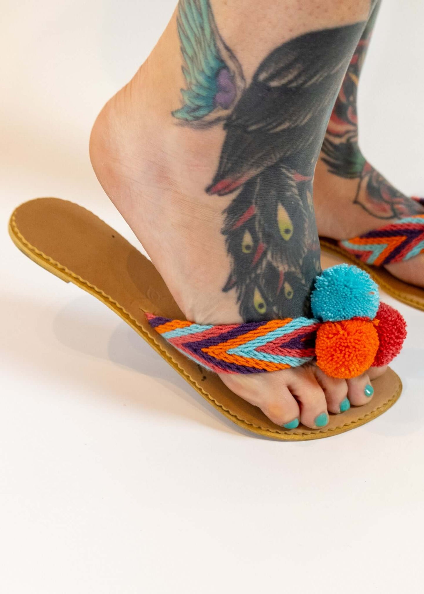Crocheted Turquoise Flat Pom Flip Flop Sandals