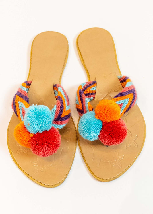 Crocheted Turquoise Flat Pom Flip Flop Sandals