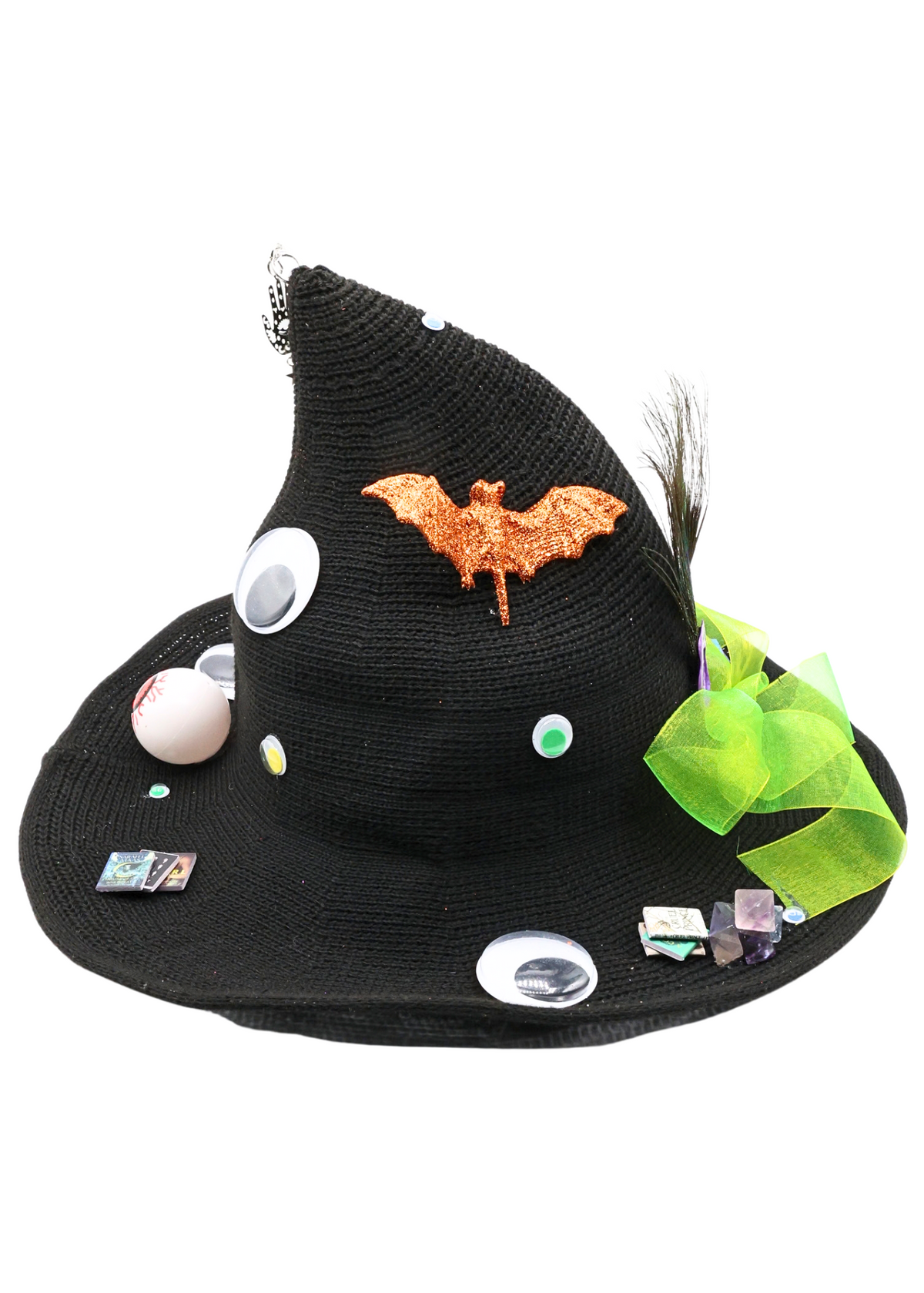 Alternate view 1 of eyeball witch hat decorated by Tracie with decorative eyeballs, a bright green bow, a peacock feather, glittery bats and miniature book accents