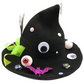 Alternate view 2 of eyeball witch hat decorated by Tracie with decorative eyeballs, a bright green bow, a peacock feather, glittery bats and miniature book accents