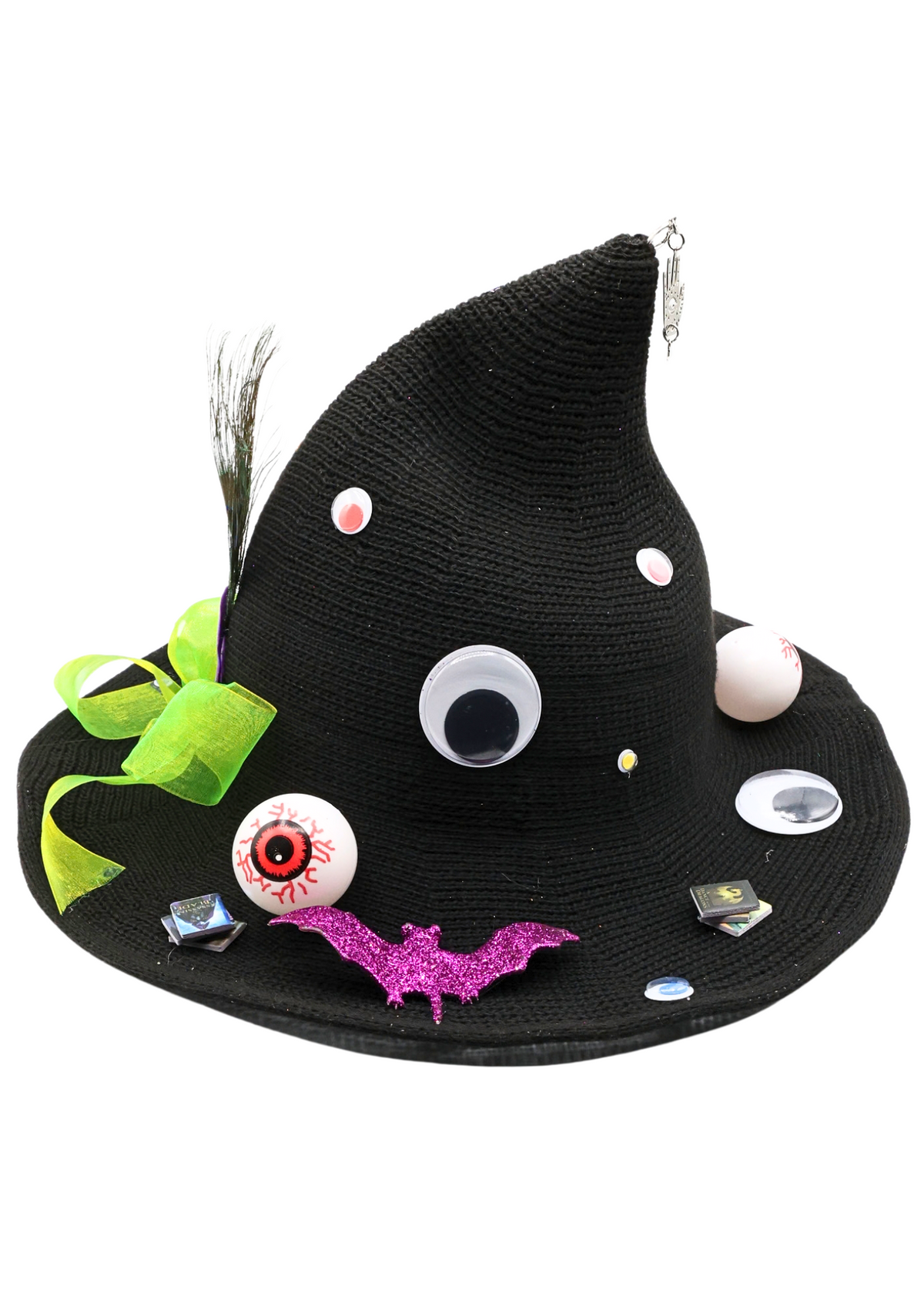 Alternate view 2 of eyeball witch hat decorated by Tracie with decorative eyeballs, a bright green bow, a peacock feather, glittery bats and miniature book accents