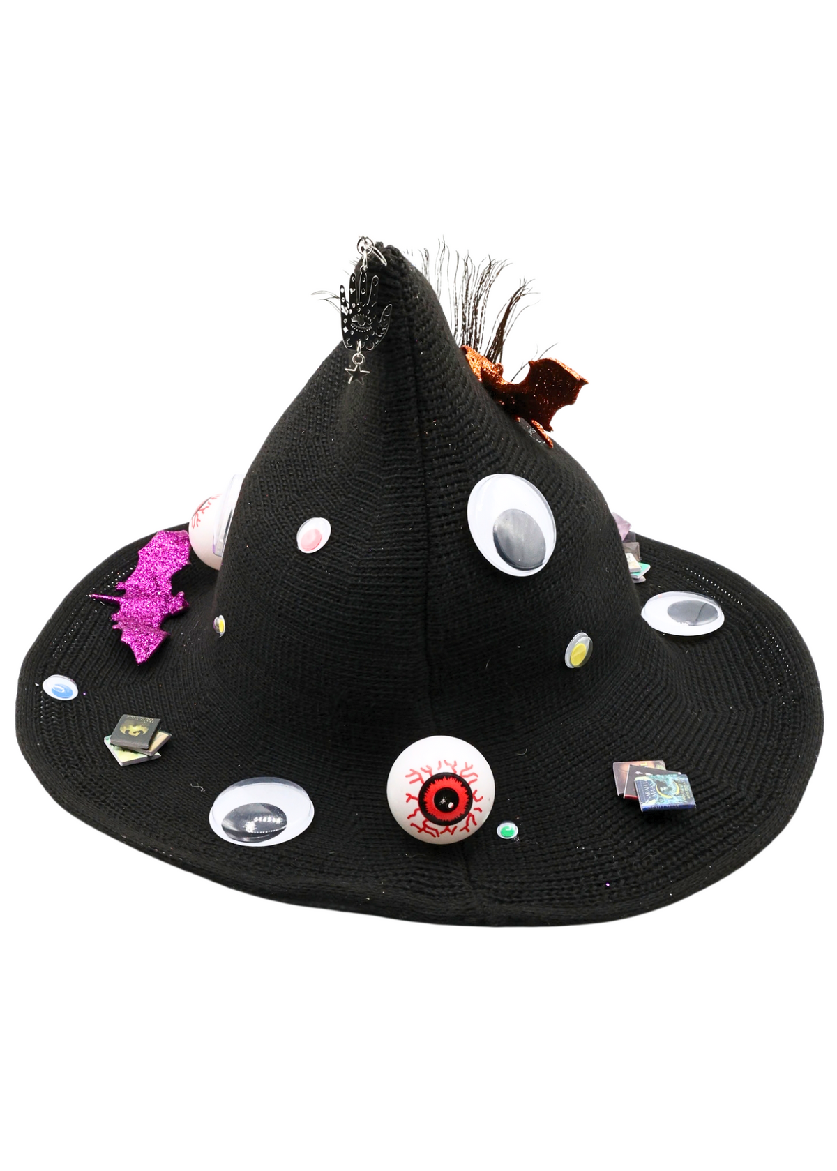 Alternate view 3 of eyeball witch hat decorated by Tracie with decorative eyeballs, a bright green bow, a peacock feather, glittery bats and miniature book accents