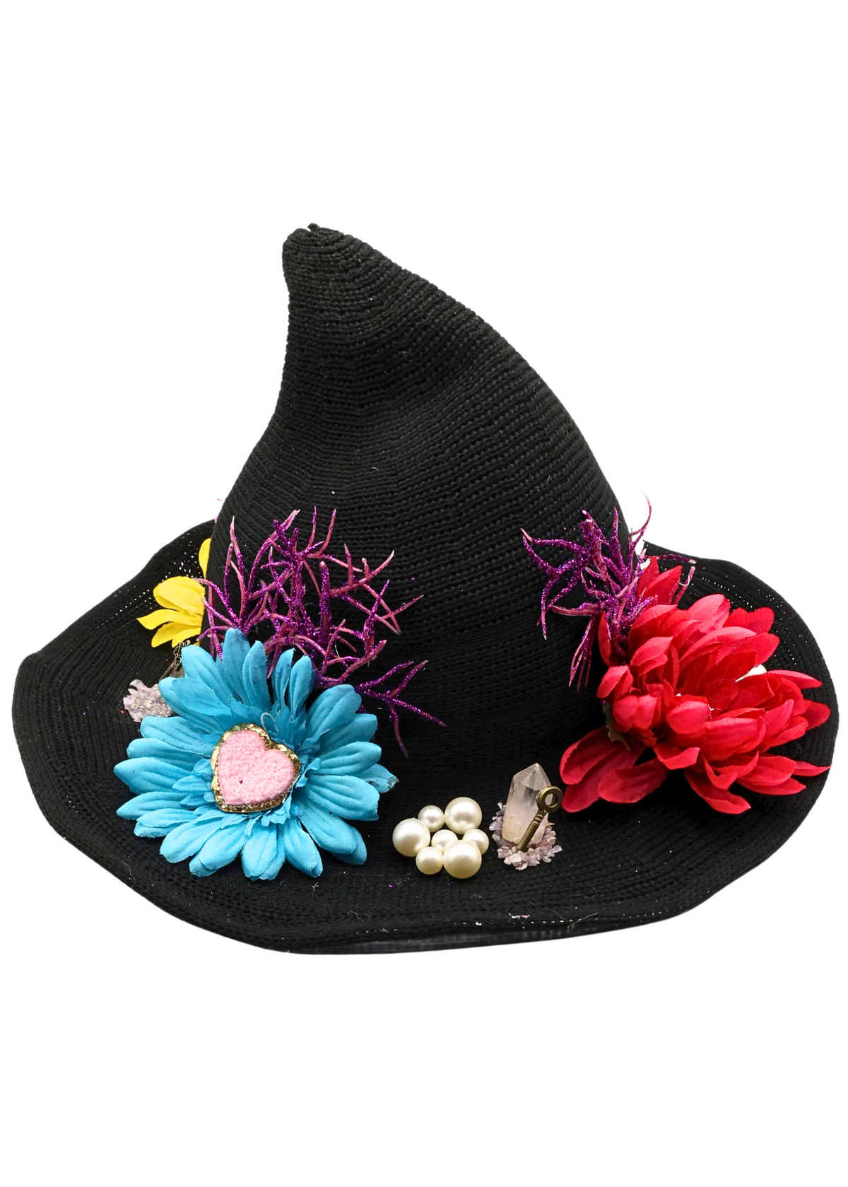 Alternate view 1 of flower witch hat decorated by Tracie with colorful faux flowers, purple glitter branches, pearl-like beads, crystal accents and miniature keys