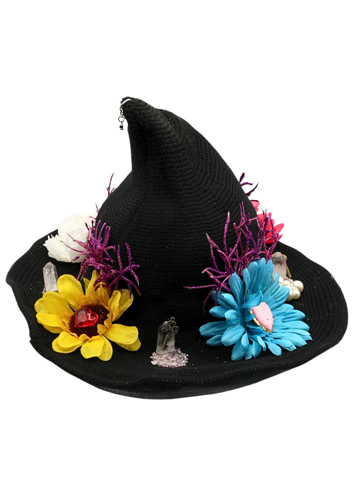 Alternate view 2 of flower witch hat decorated by Tracie with colorful faux flowers, purple glitter branches, pearl-like beads, crystal accents and miniature keys