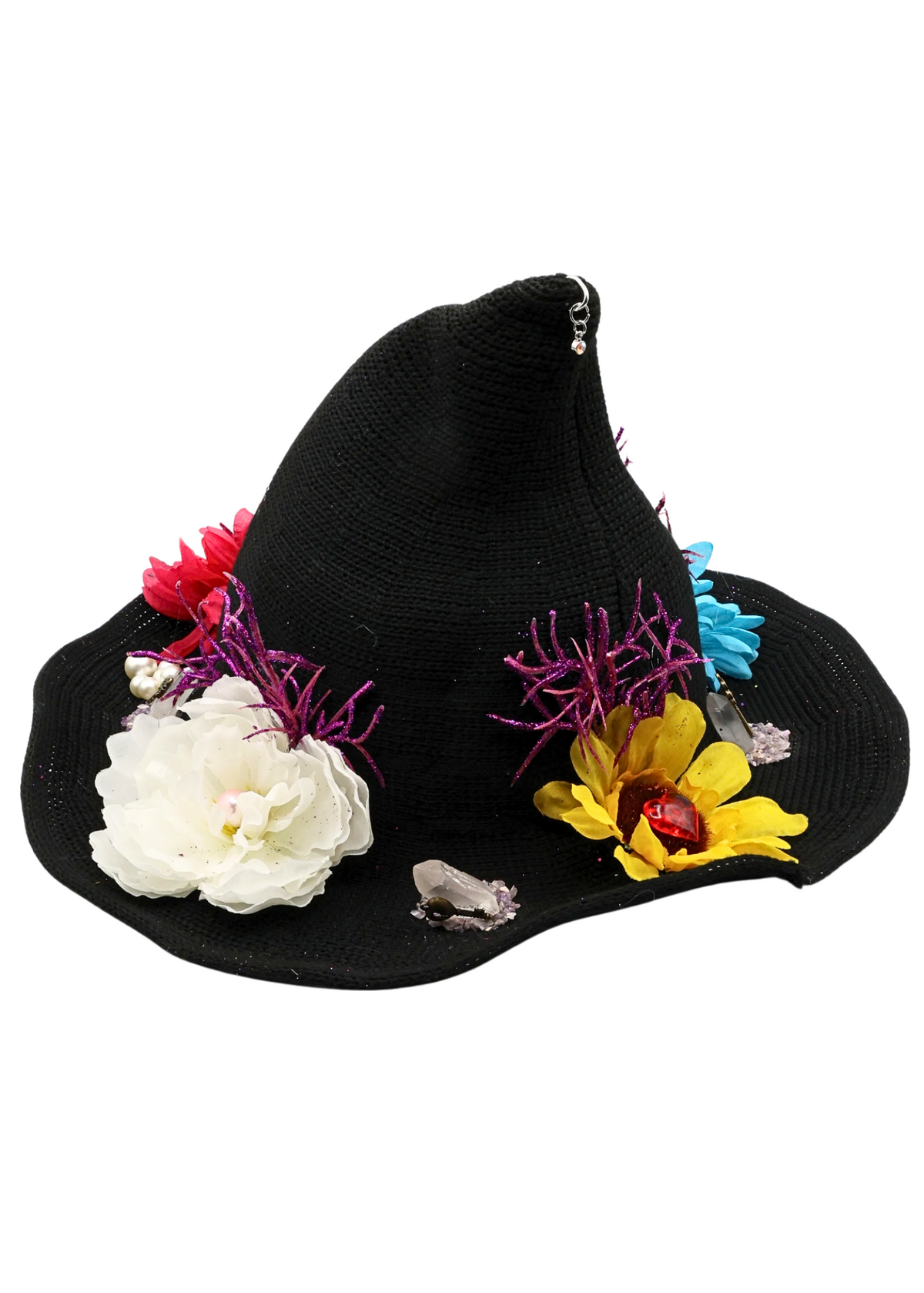 Alternate view 3 of flower witch hat decorated by Tracie with colorful faux flowers, purple glitter branches, pearl-like beads, crystal accents and miniature keys