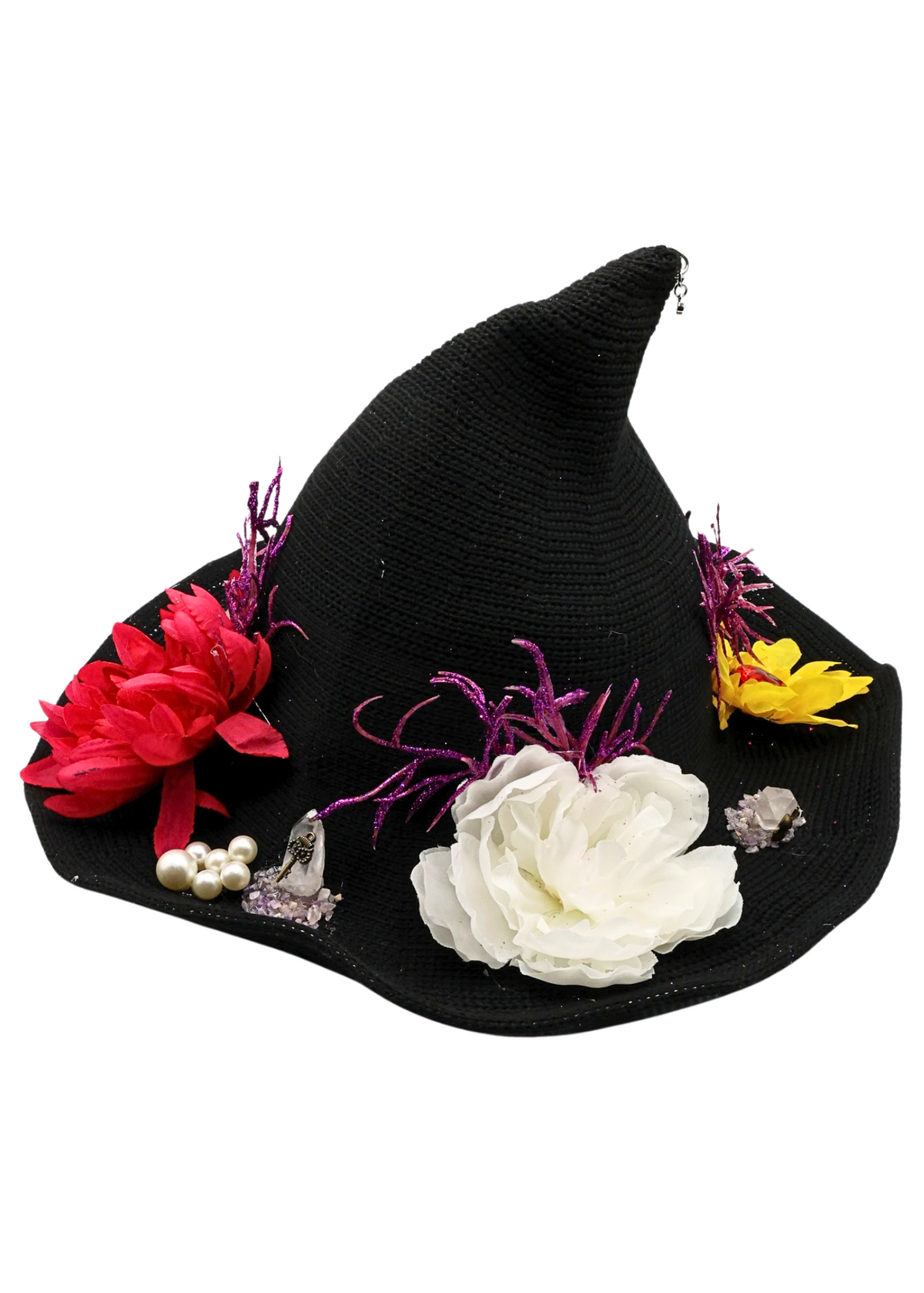 Alternate view 4 of flower witch hat decorated by Tracie with colorful faux flowers, purple glitter branches, pearl-like beads, crystal accents and miniature keys
