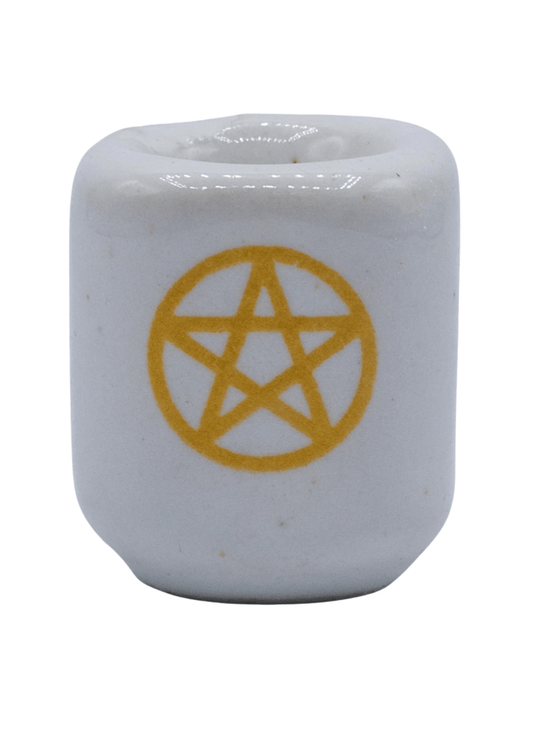 white and gold ceramic pentagram chime candle holder