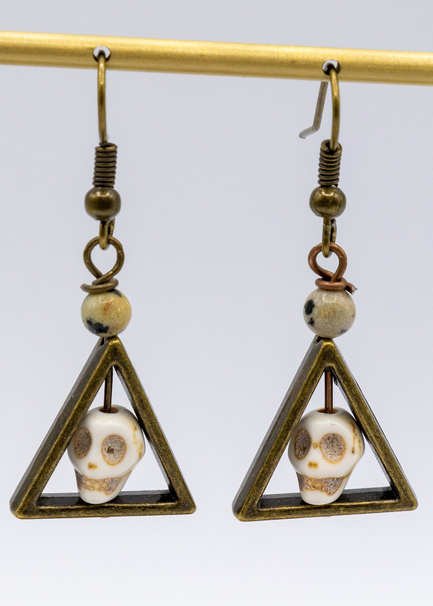 Hand Carved Skull Patinated Brass Earrings