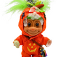 Hexley handmade Crystal Guardian troll doll sculpture front view with pumpkin costume, green hair, crystals and potion bottle