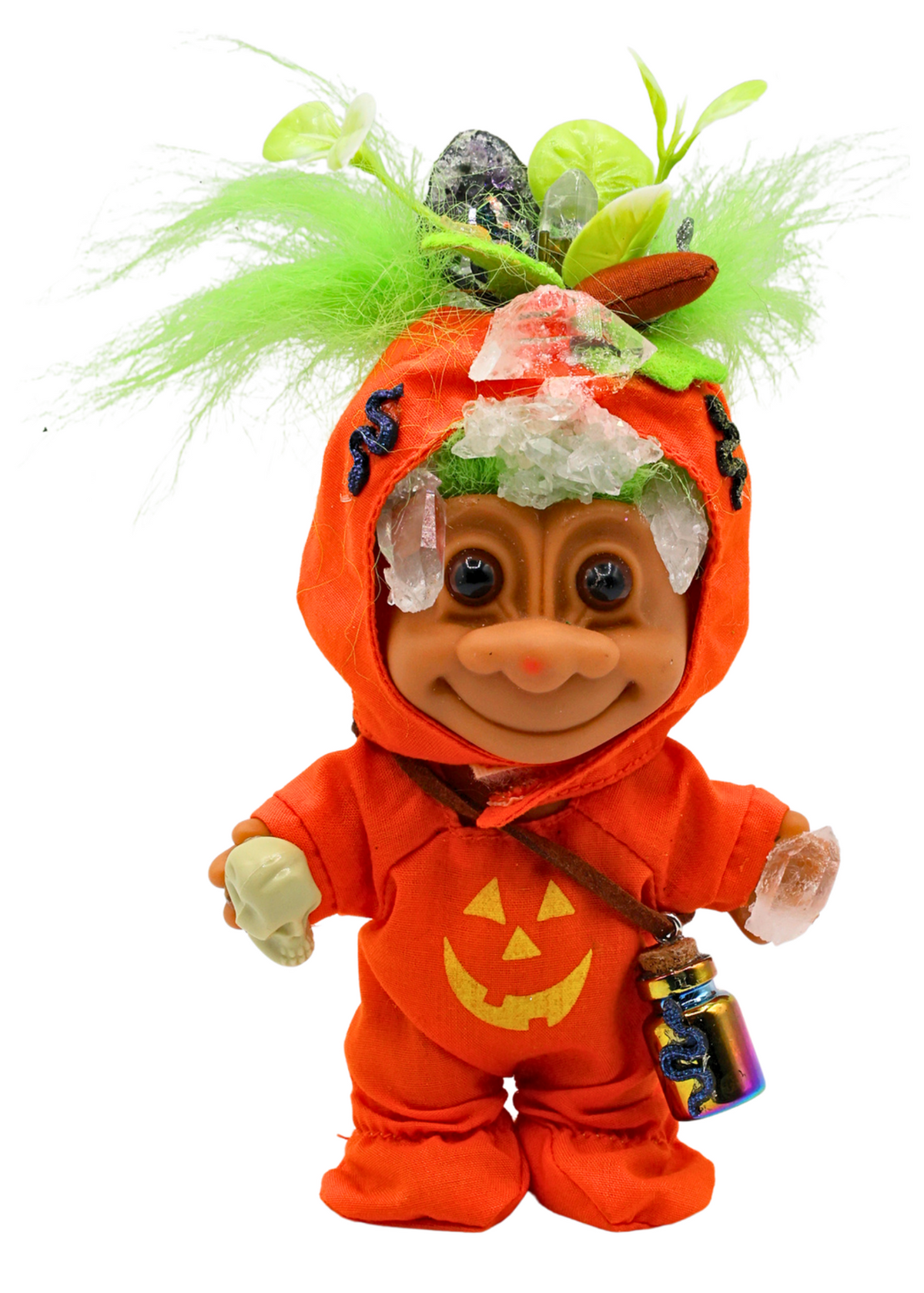 Hexley handmade Crystal Guardian troll doll sculpture front view with pumpkin costume, green hair, crystals and potion bottle