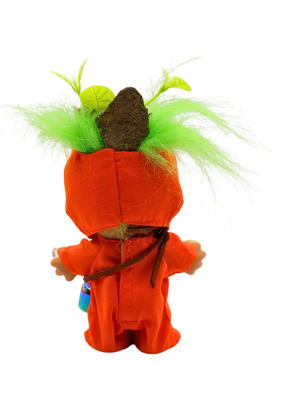 Back view of Hexley troll doll sculpture orange costume with green hair, plants and crystal decoration