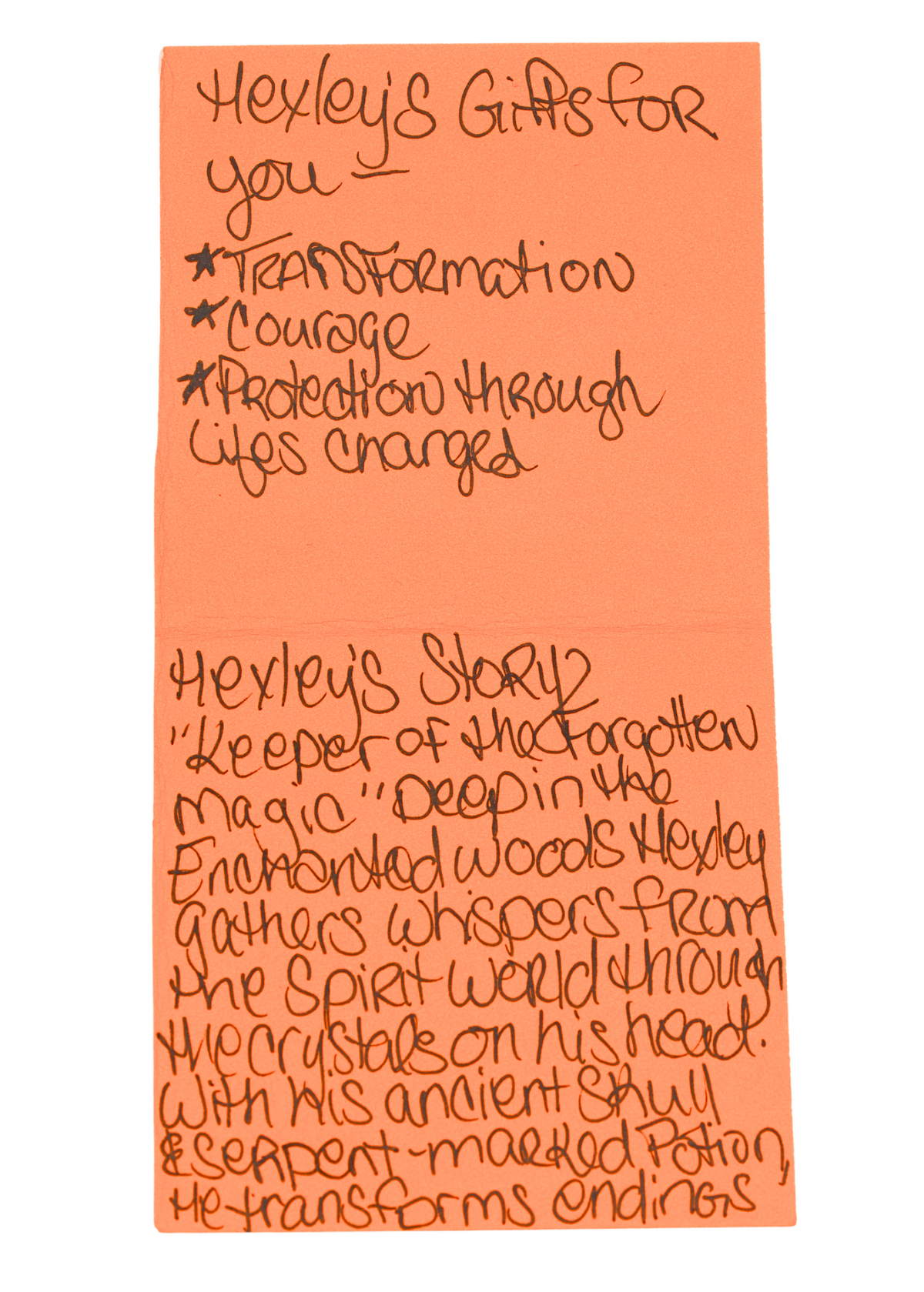 Hexley artist story card describing transformation courage and protection through life's changes