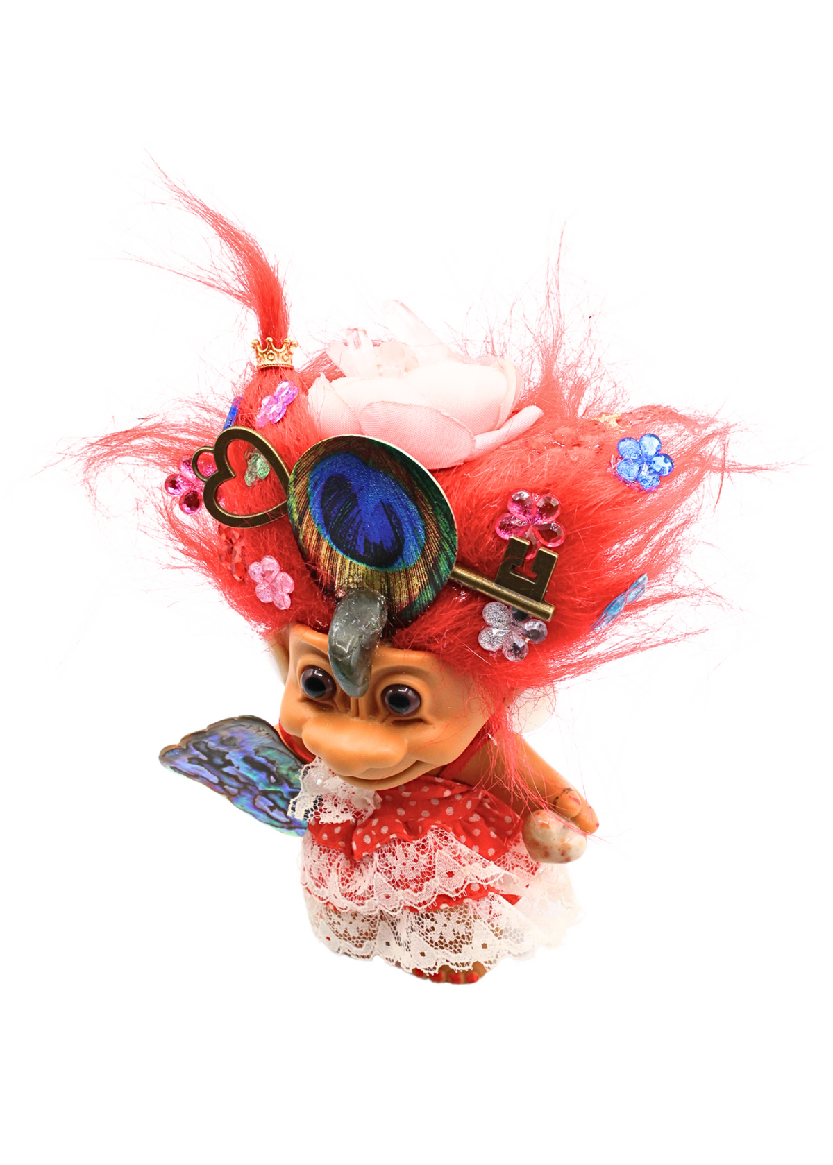 Top angled view of Lady Seraphina handmade troll sculpture with heart charm, pink rose and jeweled red hair