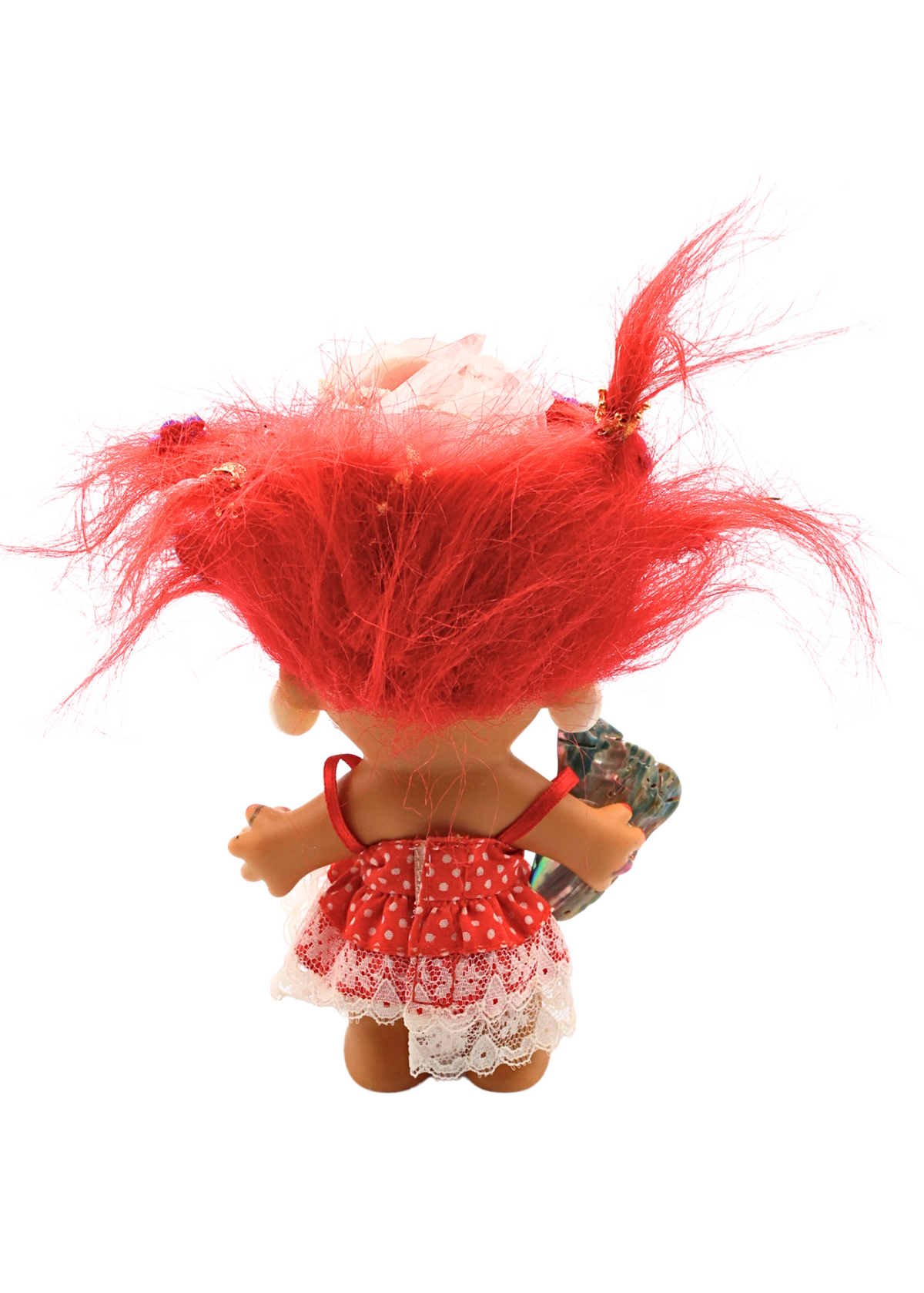 Back view of Lady Seraphina troll doll sculpture with bright red hair and white lace trimmed red dress