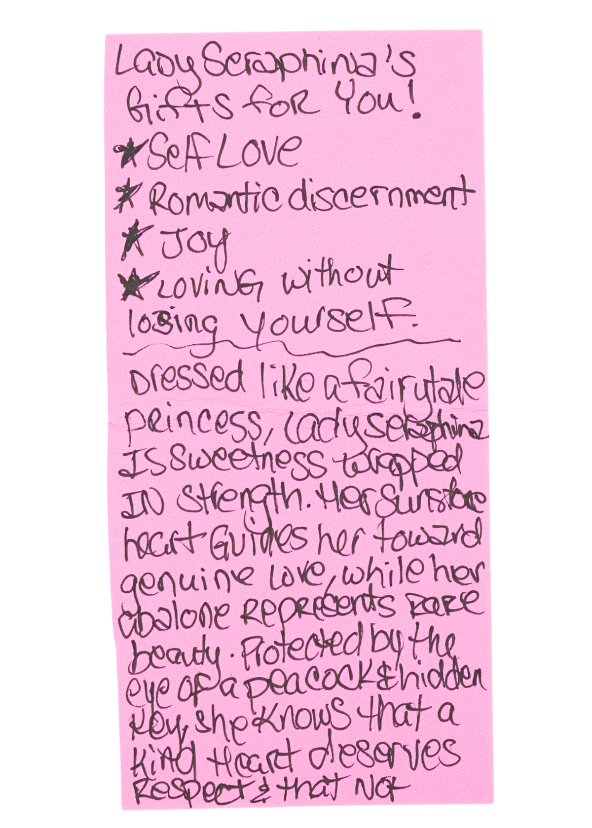 Lady Seraphina artist card describing self-love, romantic discernment, joy and loving without losing yourself