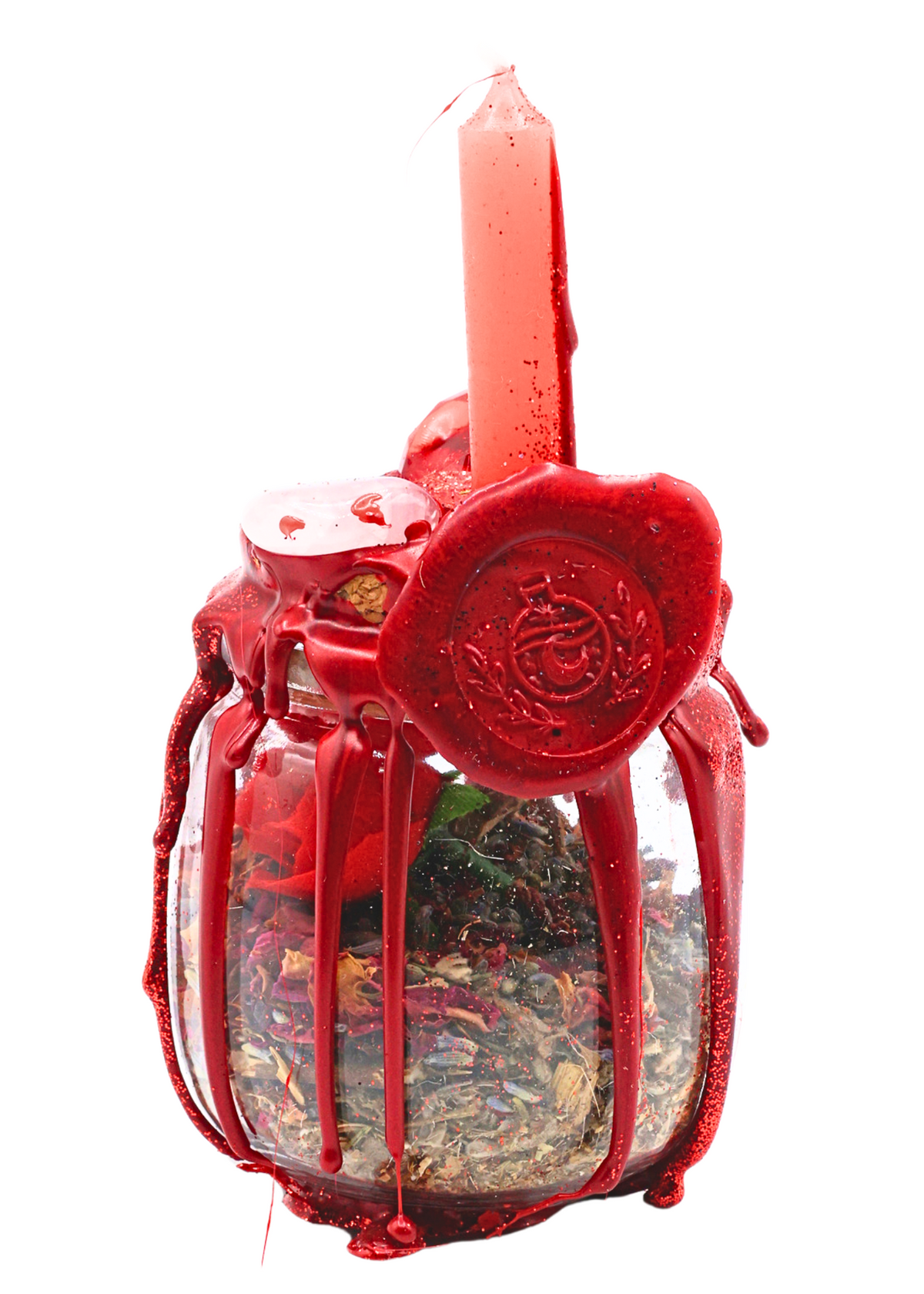 Large Love Spell Jar front view on white background with red candle, red wax drips and herbal contents