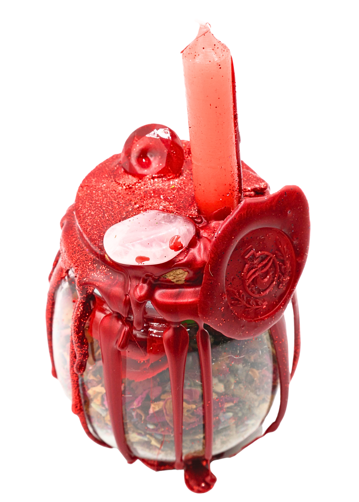 Angled top view of Large Love Spell Jar showing red candle, wax seal, decorative crystals and glittering wax