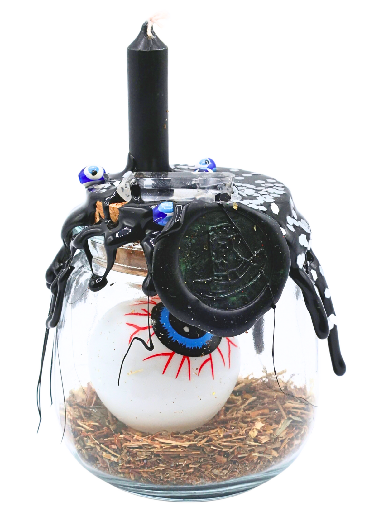 Large Protection Spell Jar front view on white background with black wax seal, blue evil eye and herbs