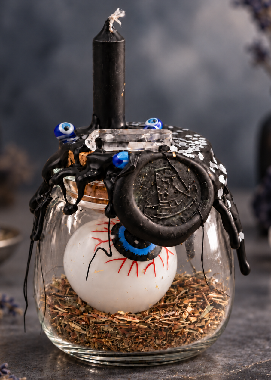 Large Protection Spell Jar with black candle, evil eye charm and protective herbs on a charcoal apothecary backdrop