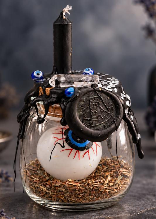 Large Protection Spell Jar with black candle, evil eye charm and protective herbs on a charcoal apothecary backdrop