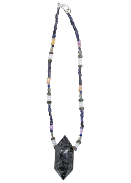 Larvakite Crystal Point Hand-Beaded Necklace