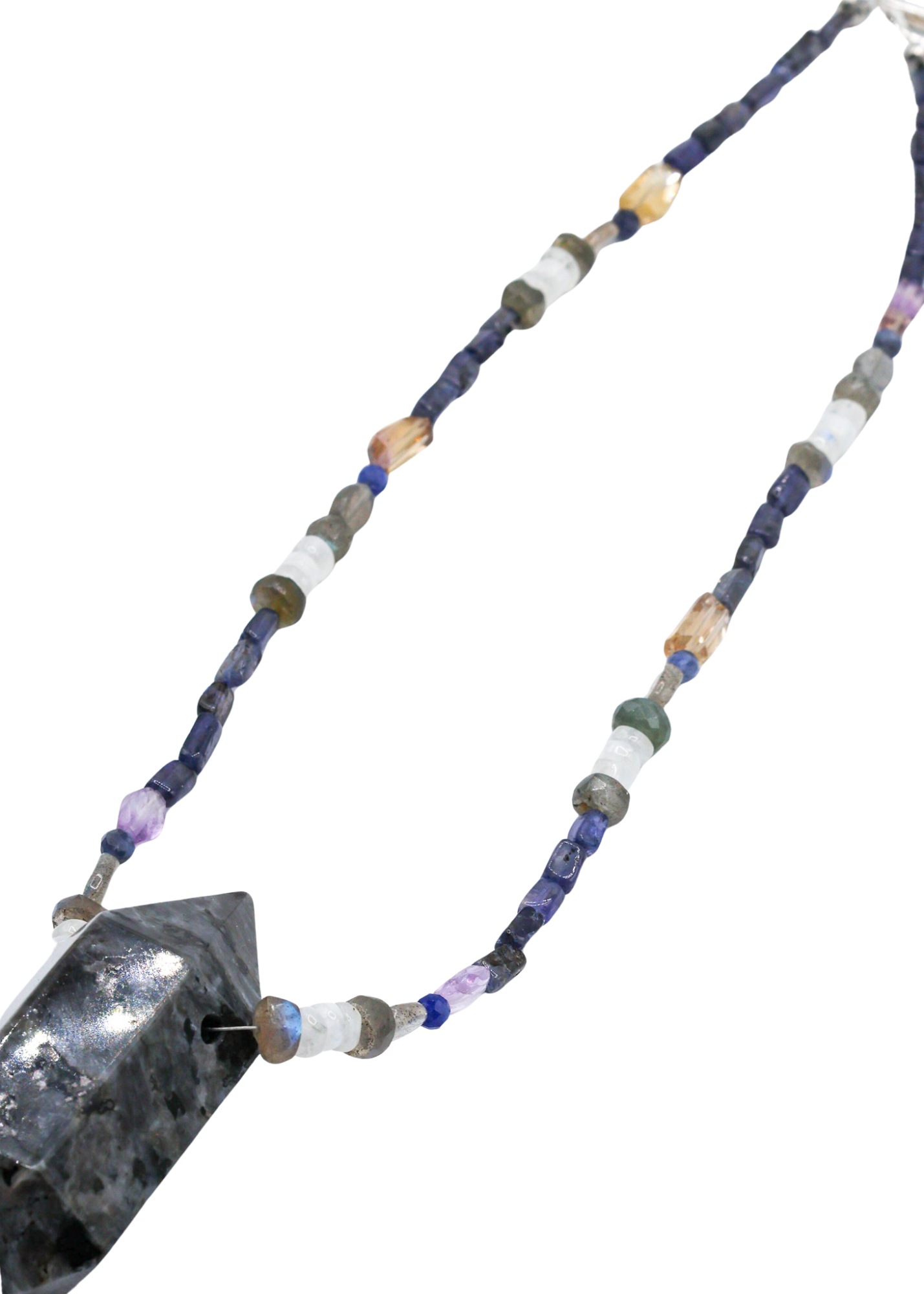 Larvakite Crystal Point Hand-Beaded Necklace beads