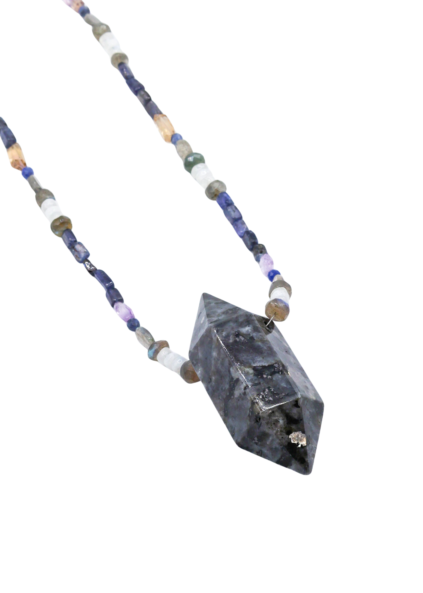 Larvakite Crystal Point Hand-Beaded Necklace pendant