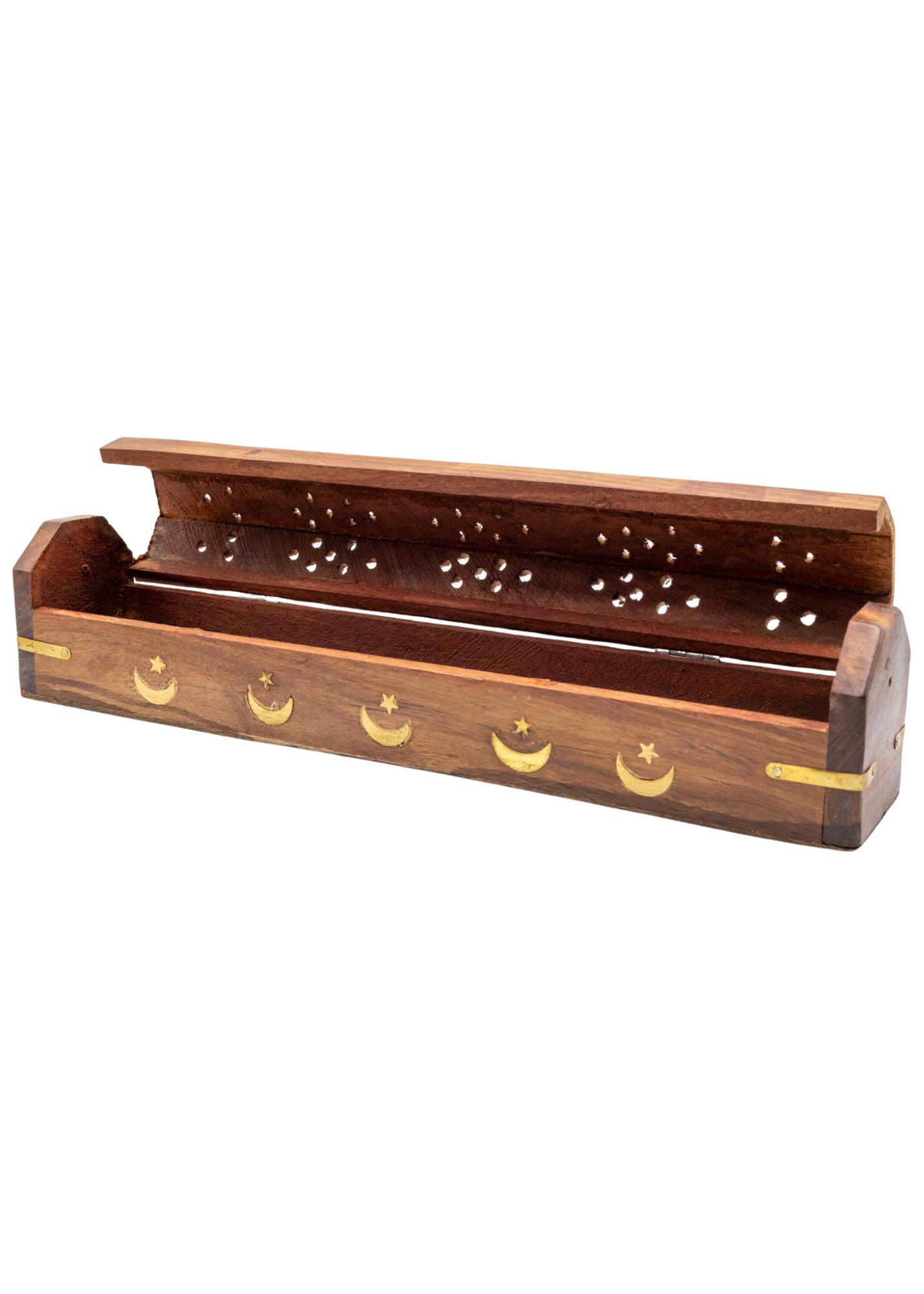Brass Inlay Moon & stars Coffin Incense Burner angle