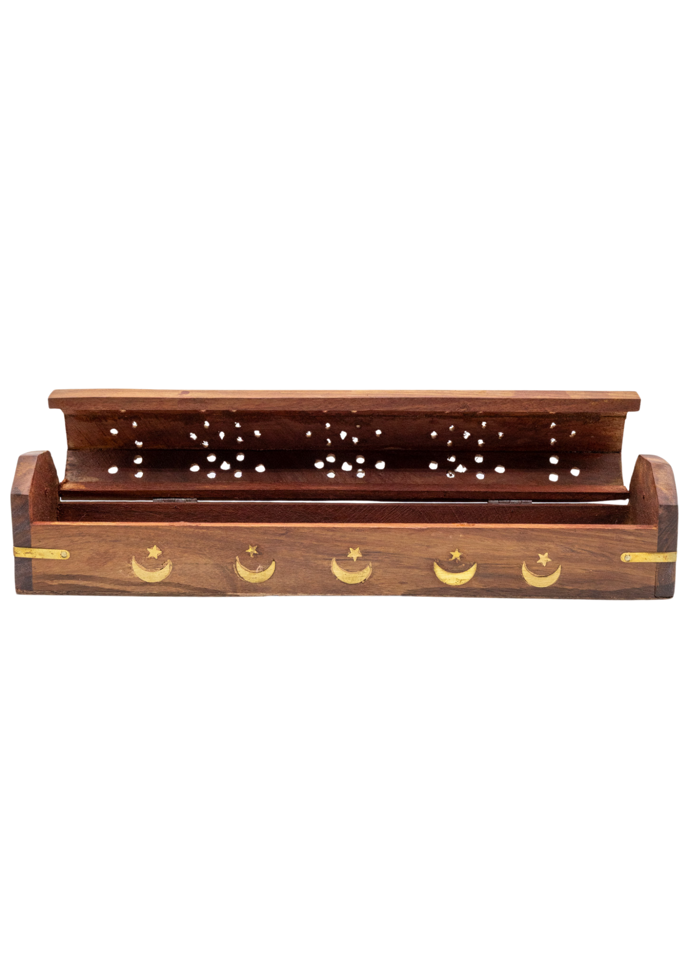 Brass Inlay Moon & stars Coffin Incense Burner open