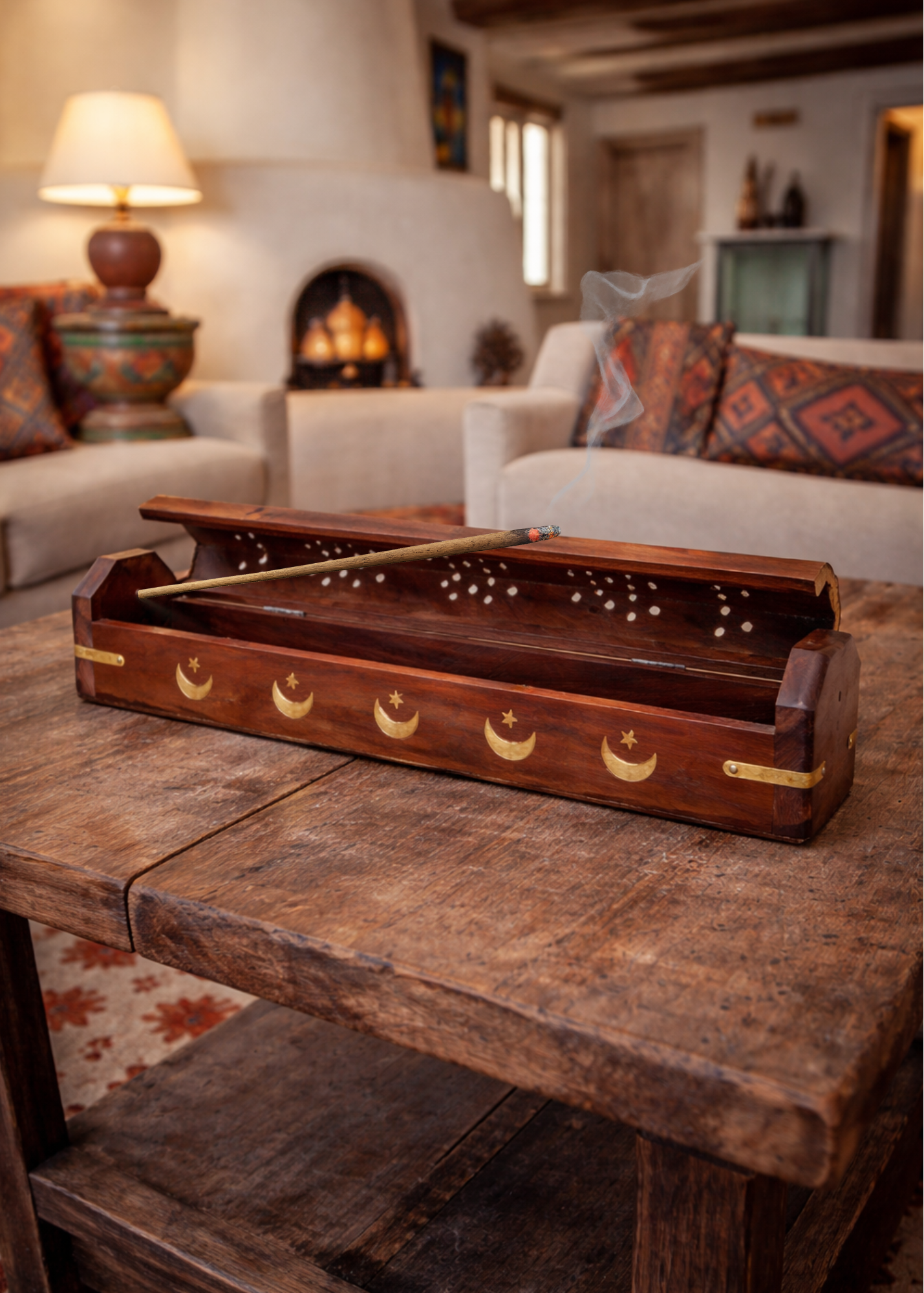 Brass Inlay Moon & stars Coffin Incense Burner