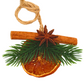Dried orange slice holiday ornament with real cinnamon stick, real star anise, faux evergreen sprig, and twine hanger