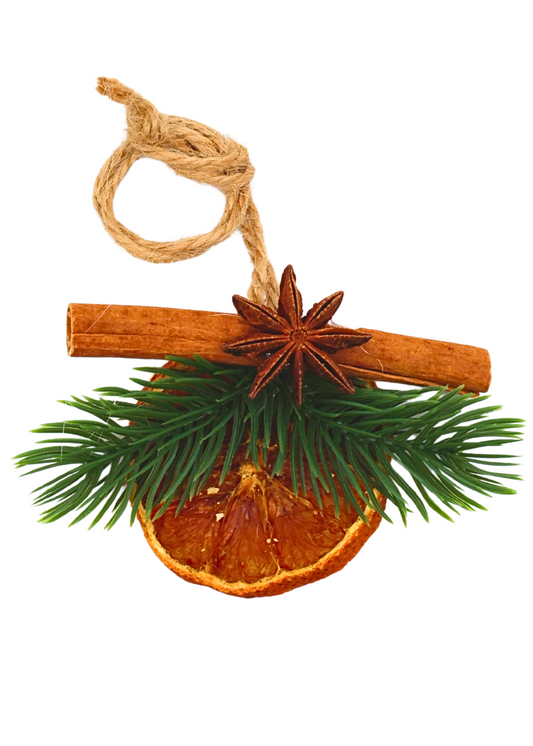 Dried orange slice holiday ornament with real cinnamon stick, real star anise, faux evergreen sprig, and twine hanger