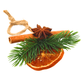 Dried orange slice holiday ornament with real cinnamon stick, real star anise, faux evergreen sprig, and twine hanger angle