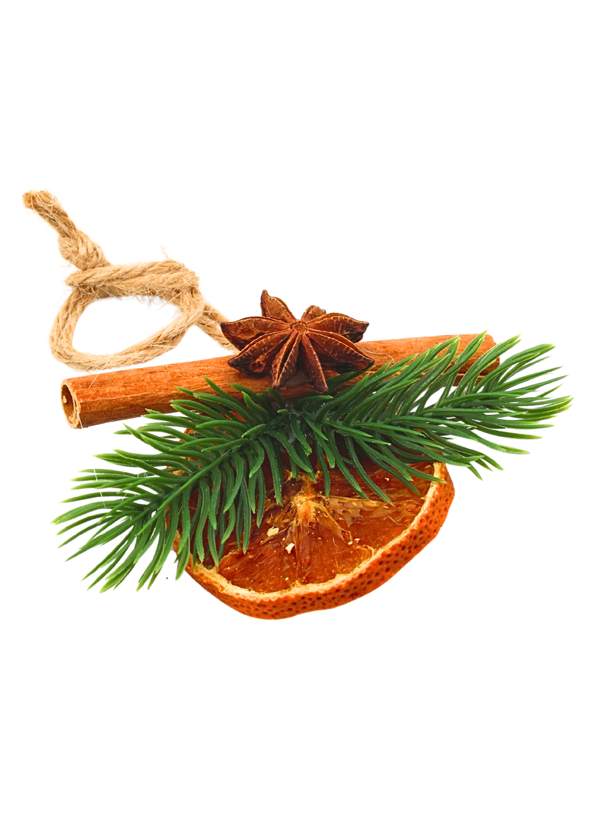 Dried orange slice holiday ornament with real cinnamon stick, real star anise, faux evergreen sprig, and twine hanger angle